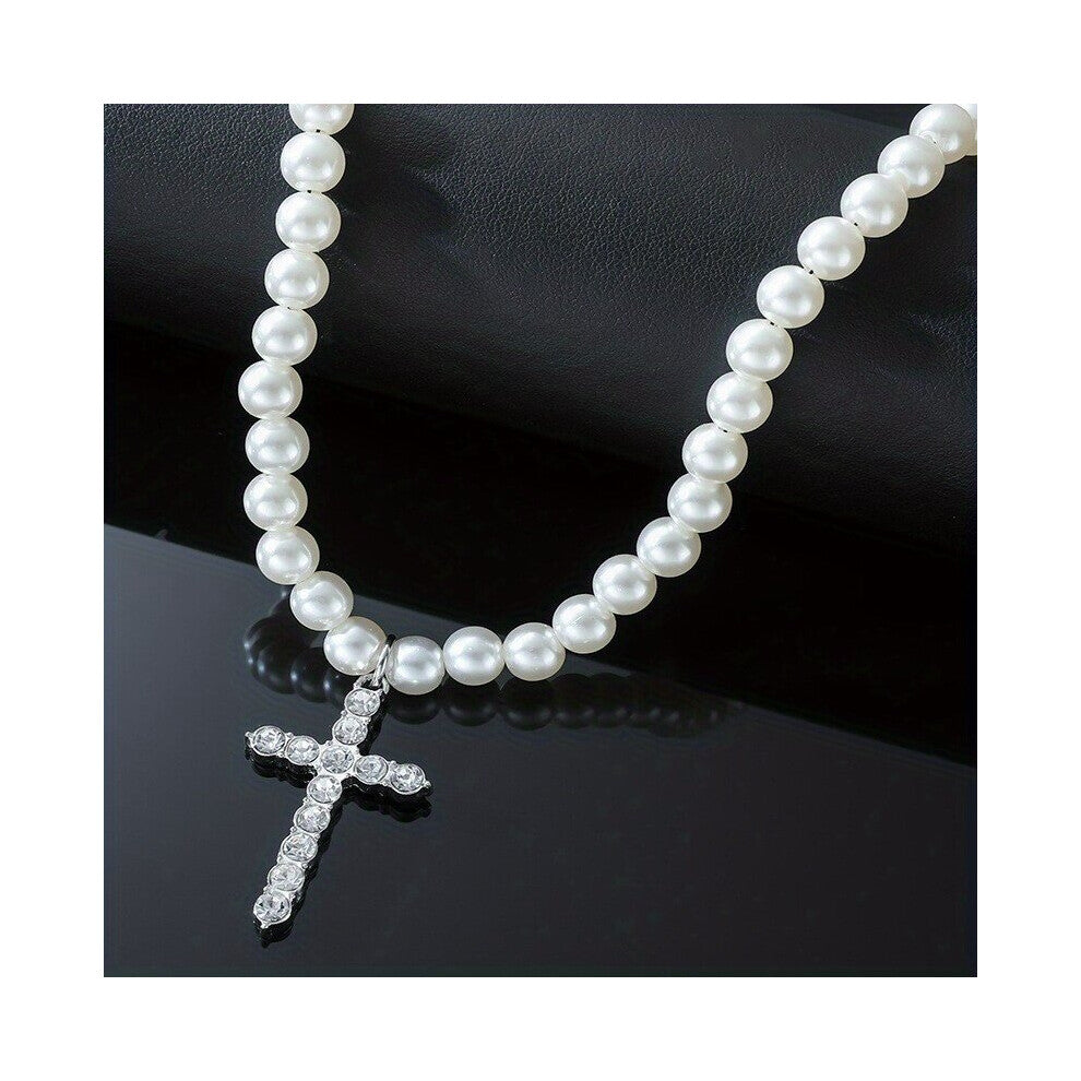 1pc Stylish & Faux Pearl Necklace With Faux Diamond Cross Pendant For Men Hip Hop Accessories
