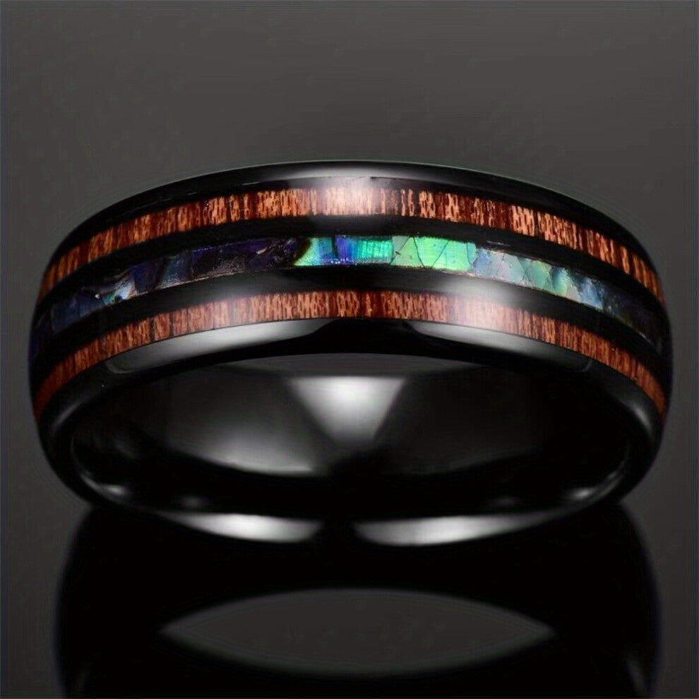 1pc Mens Stainless Steel Ring Vintage Wooden Grain Shell Ring 8MM Titanium Steel Wood Grain Ring