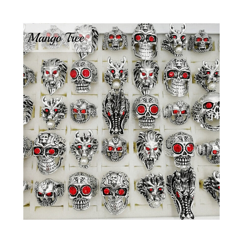 10 20 30pcs Lot Gothic Skull Rings For Men And Women Rock Punk Crystal Totem Dragon Lion Head Mix Charm Jewelry Accessories Gift