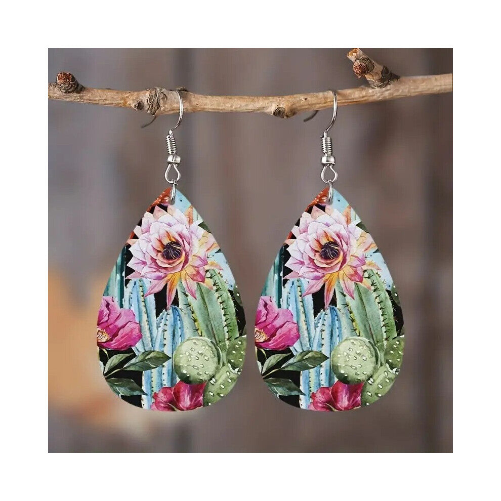1 Pair Creative Flower Cactus Earrings Water Drop PU Leather Earrings Decorative Accessories For Holiday Party Gift Men Accessories Jewelry