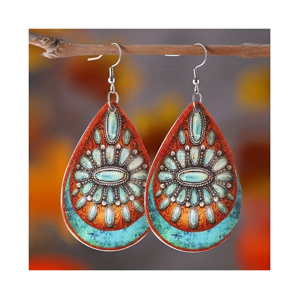 1pair Western Retro Style Leopard Print Turquoise Pattern Drop Earrings Bohemian Accessories For Men Boys