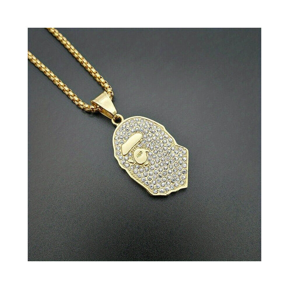 Hip Hop Tide Mens Brass Golden Plated Rhinestone Apes BAPE Accessories Mens Pendant Necklace