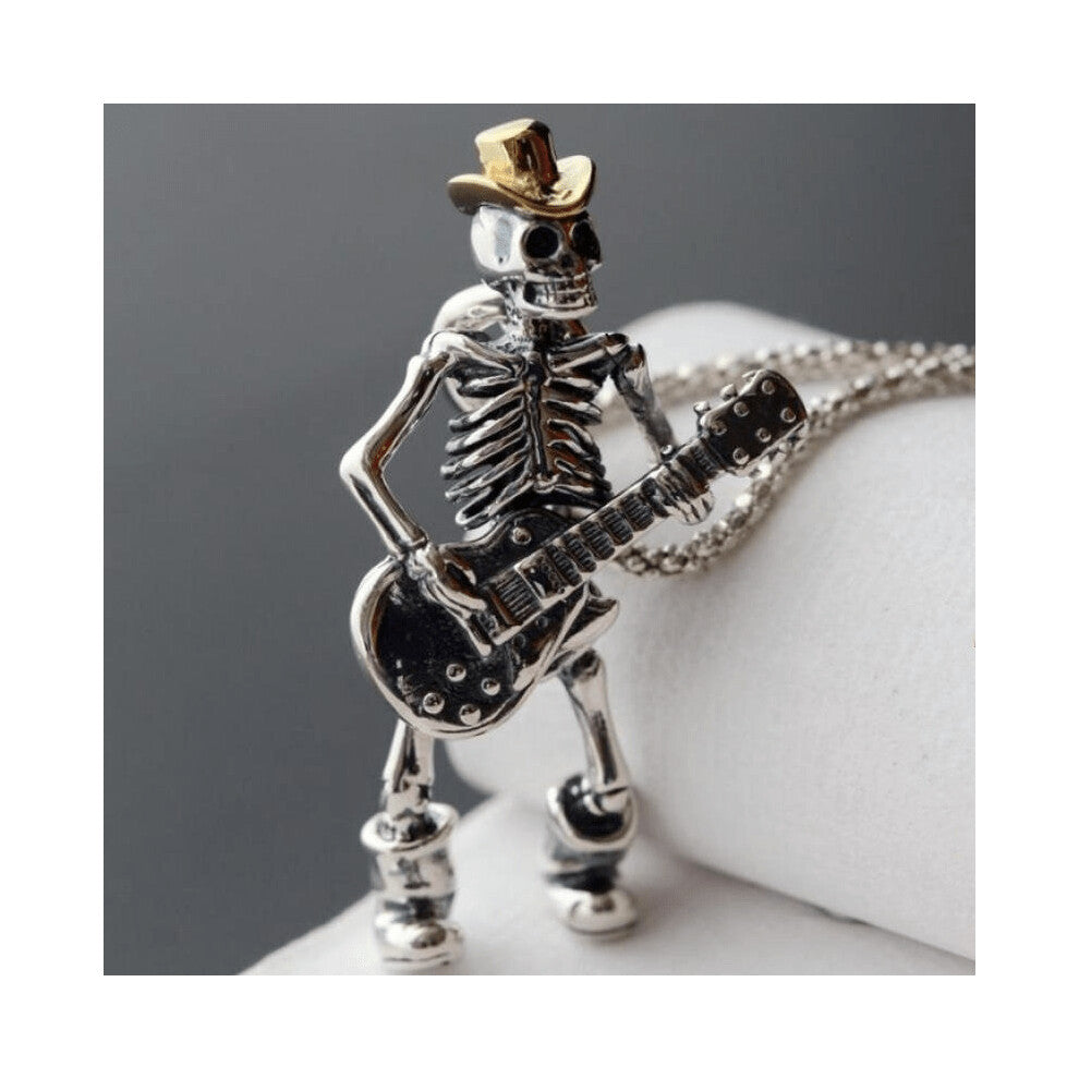 Mens Silver Rapper Skull Pendant For Punk Rock Biker Necklace