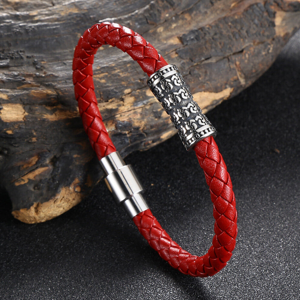1pc Mens Braided Leather Bracelet Stainless Steel Flower Pattern Accessories Magnetic Buckle Bangle