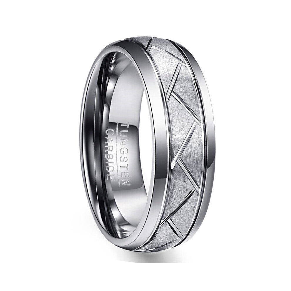 8mm Wide Silver And Gray Frosted Surface Diagonal Groove Tire Pattern Mens Tungsten Ring Size 7 8 9 10 11 12