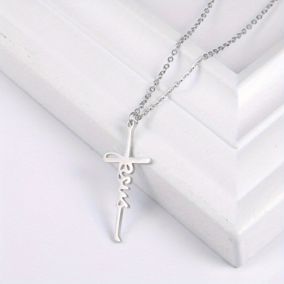 1pc Letter Jesus Cross Pendant Stainless Steel Necklace Religious Christian Jewelery Accessories For Men Gift Daily Decoration