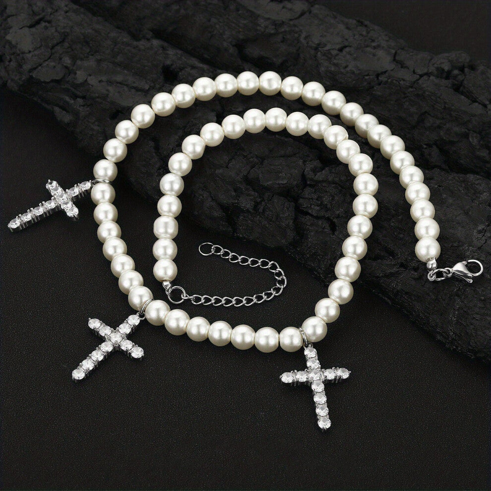 1pc Hip Hop Rhinestone Cross Charm Faux Pearl BeadedNecklace For Men Women For Daily Decoration