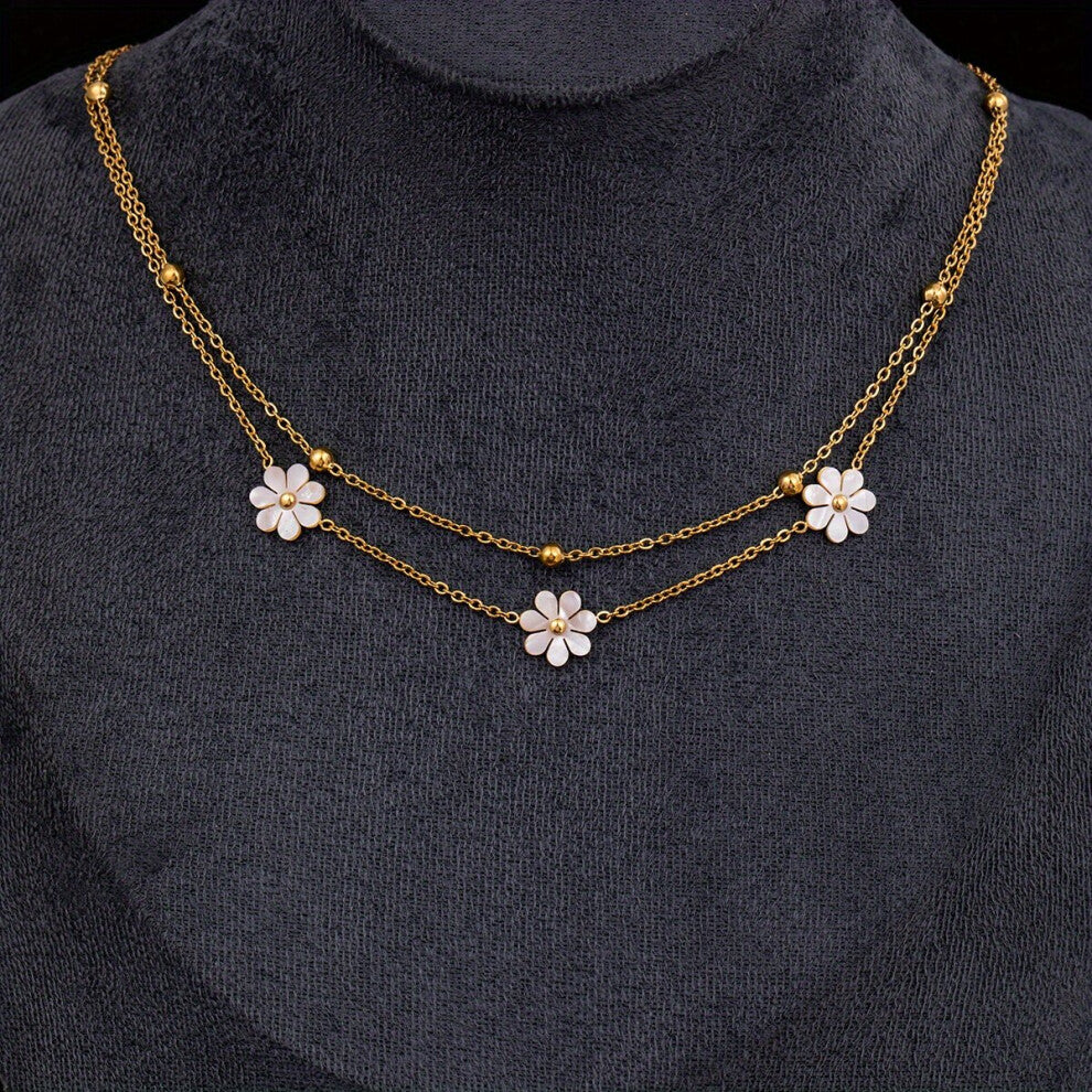 Mens Golden Stainless Steel Boho Style Flowers Shells Pendant Necklace Double Layer Adjustable Pendant Chain Jewelry Accessories Gift For Men And Wom