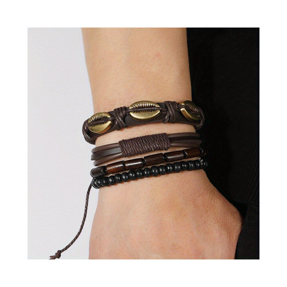 4pcs Retro Shell Bracelet Set Diy Braided Cowhide Bracelet For Men And Women layer Combination Bracelet Accessories