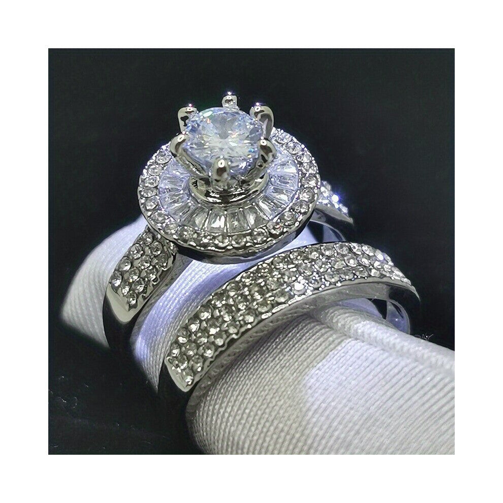 2pcs Set Classic Engagement Wedding Ring Set Brilliant Artificial Diamond Zircon Jewelry Anniversary For Men Party Accessories Couple Ring Proposal Ri