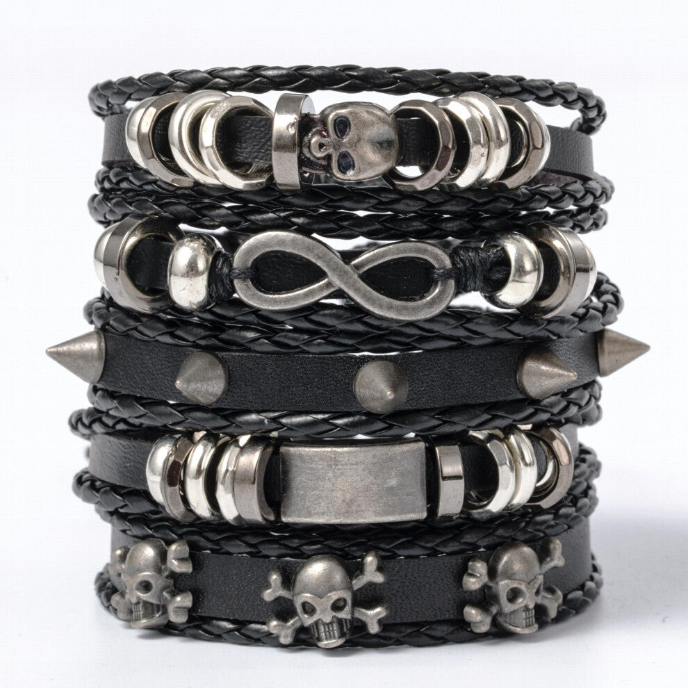 1pc Skull Figure 8 Alloy Accessories Five piece Cowhide Bracelet Hand woven Leather Cord