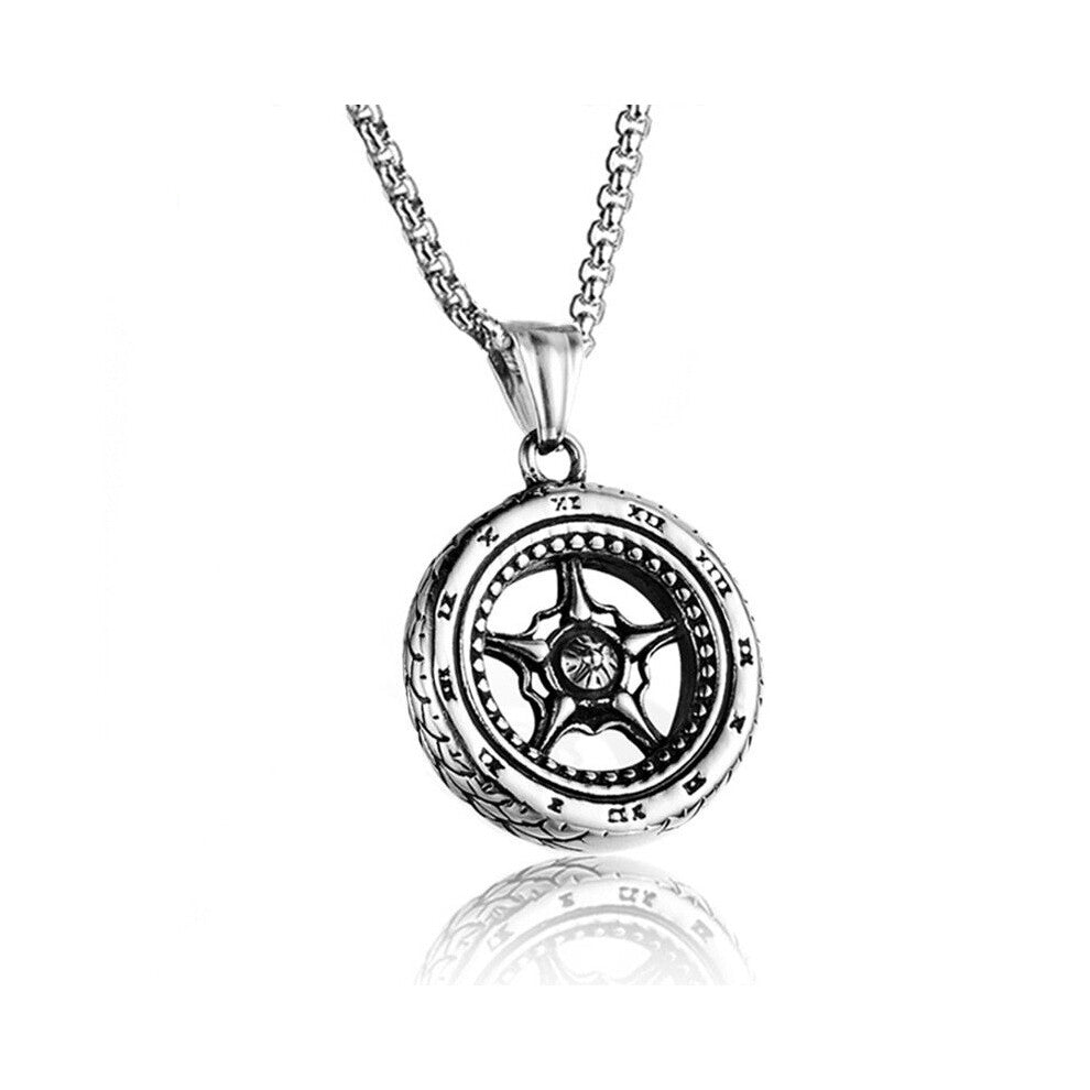 1pc Car Tire Shape Titanium Steel Pendant Necklace Mens Sweater Chain Pendant Accessories