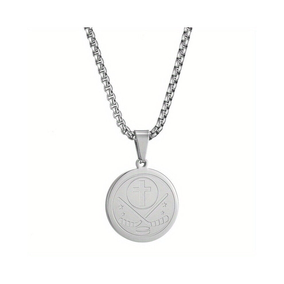 1pc Mens Hiphop Stainless Steel Ice Hockey Round Pendant Necklace Silvery Golden Plated Sports Electroplated Jewelry