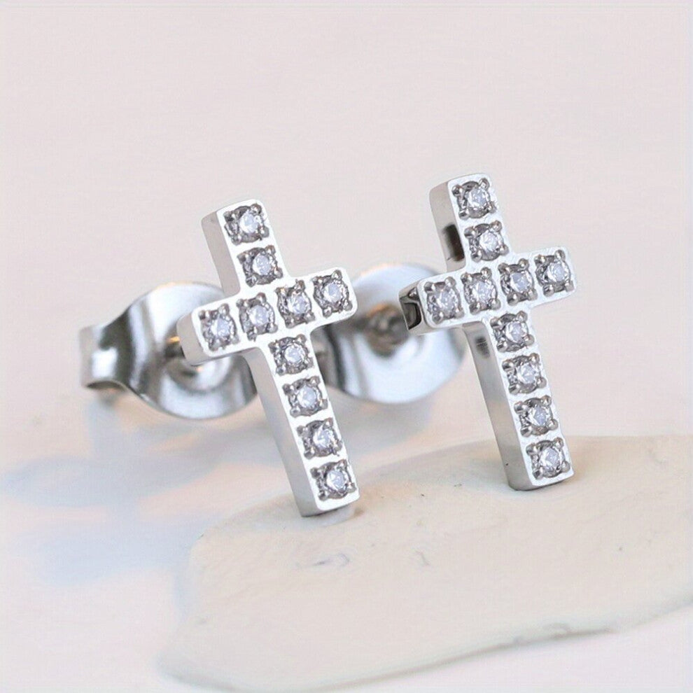 1pair Mens Cross Inlaid Zirconium Titanium Steel Earrings Couple Earrings Accessories