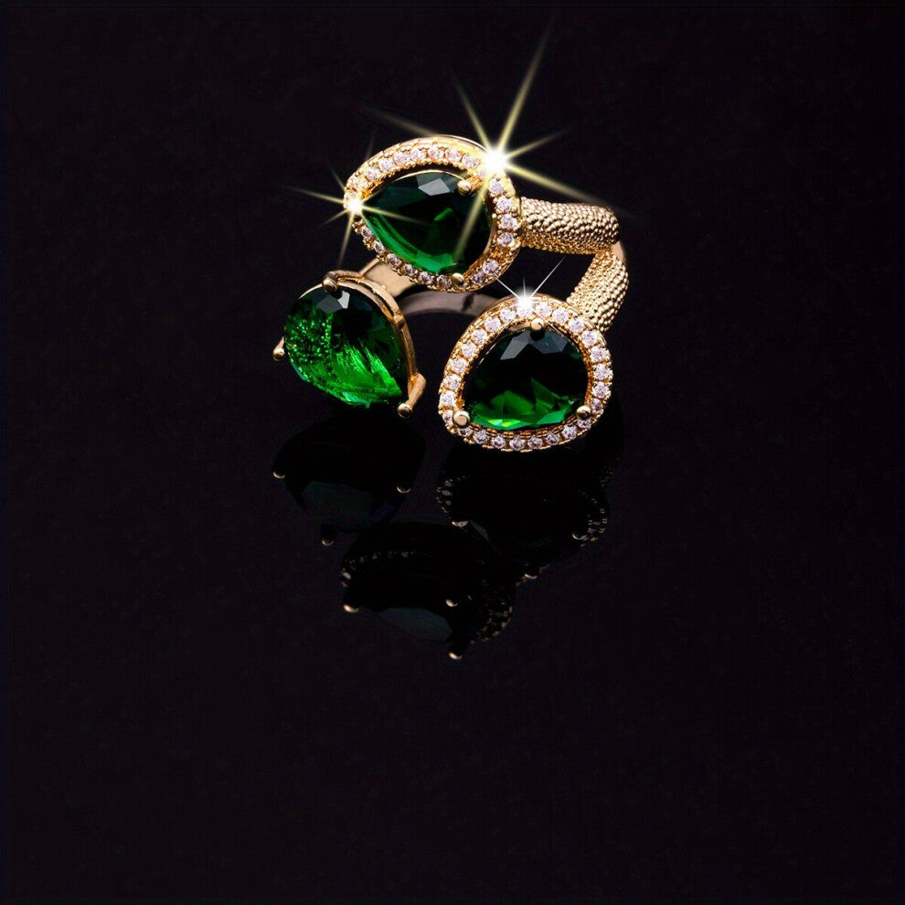 Green Zirconia Decor Ring Water Droplet Shape 18K Golden Plated Ring Adjustable Finger Ring Jewelry Accessories Gift