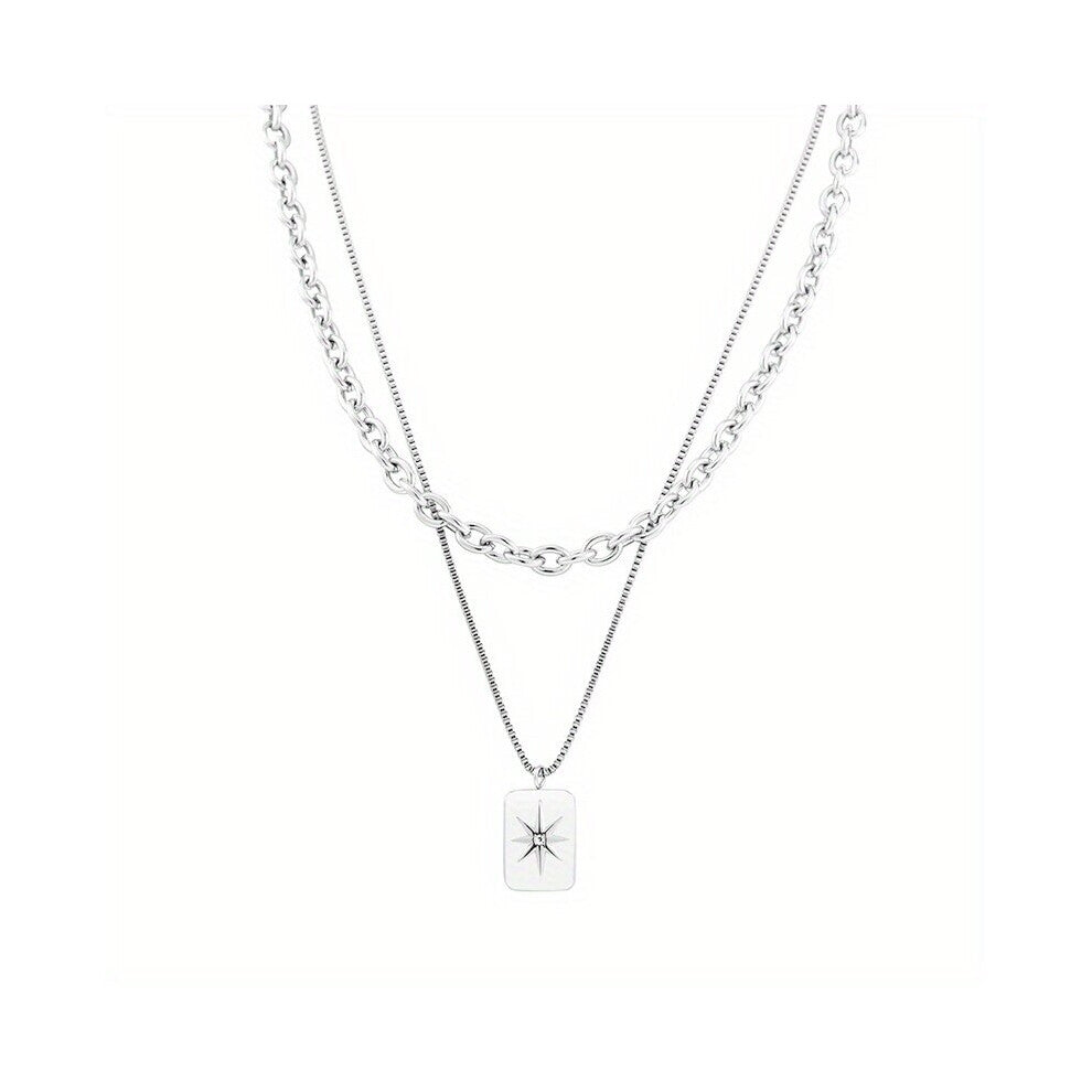 A Hip hop Stainless Steel Silver gray Eight pointed Star Pendant Double Stacked Necklace Mens Daily Commuting Accessories