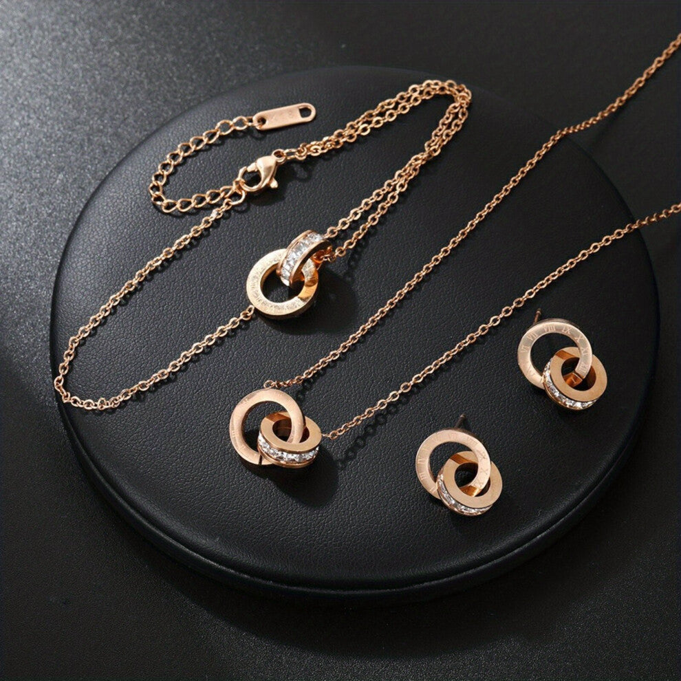 A Set Of Rose Golden Stainless Steel Minimalist Combination Jewelry Roman Numerals Necklace Bracelet Earrings 3pcs Accessories And For Men