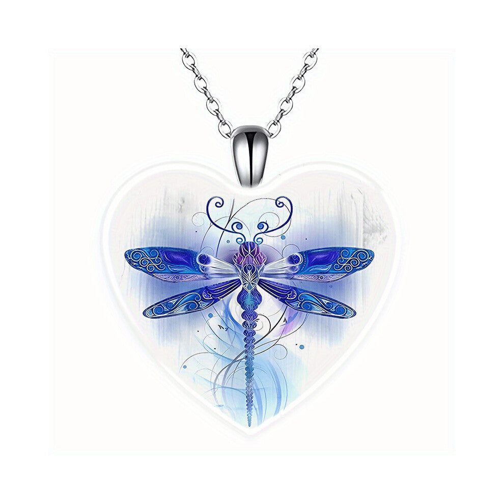 Dragonfly Pattern Heart Pendant Necklace Christmas Jewelry Accessories Holiday Party Wedding Anniversary Couple Mens Accessories