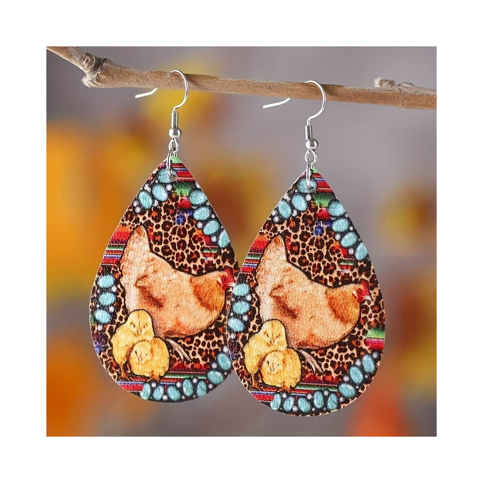 Vintage Hen Chick Earrings Mens PU Double sided Drop Earrings Party Holiday Accessories