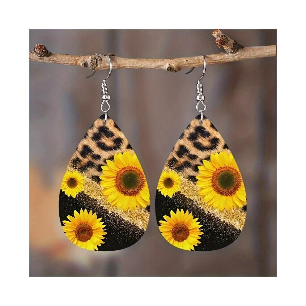 1pair Leopard Print Sunflower Teardrop Leather Earrings For Party Accessories For Men