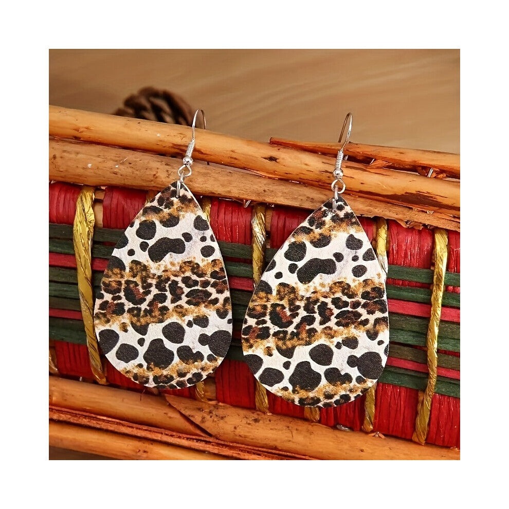 1pair Ethnic Drop Leopard PU Leather Earrings Bohemian Retro Style Accessories For Men