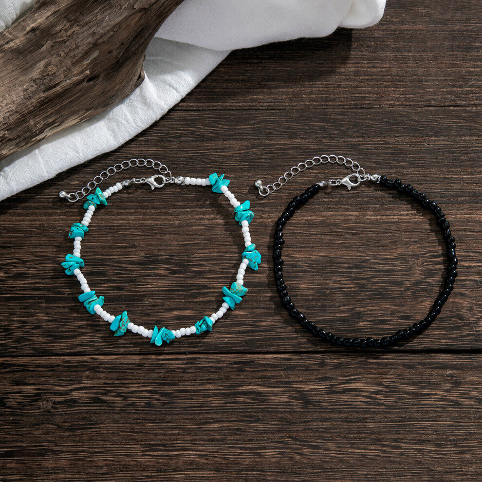 2pcs set Mens Turquoise Decor Beaded Anklet Beach Stacking Anklet Foot Jewelry Accessories