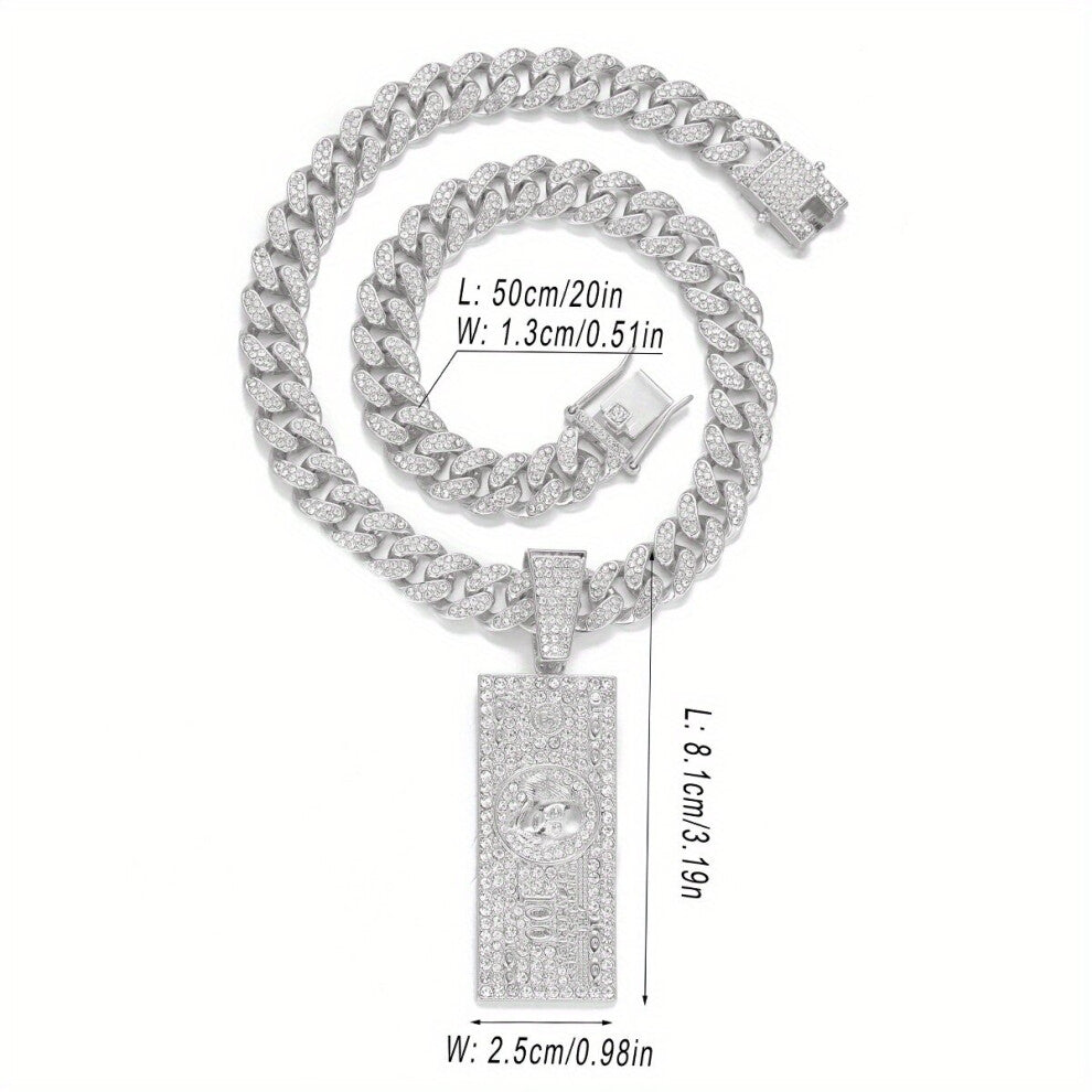 1Pc Exaggerated Full Rhinestone Hip Hop Dollar Square Pendant Necklace For Men And Women