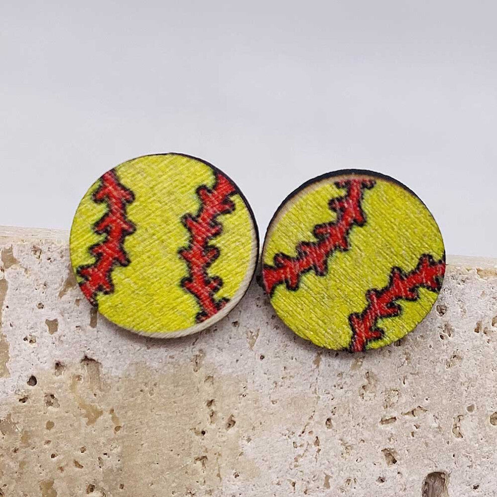 1pair Baseball Rugby Football Volleyball Basketball Wooden Stud Earrings For Men Daily Wear Accessories