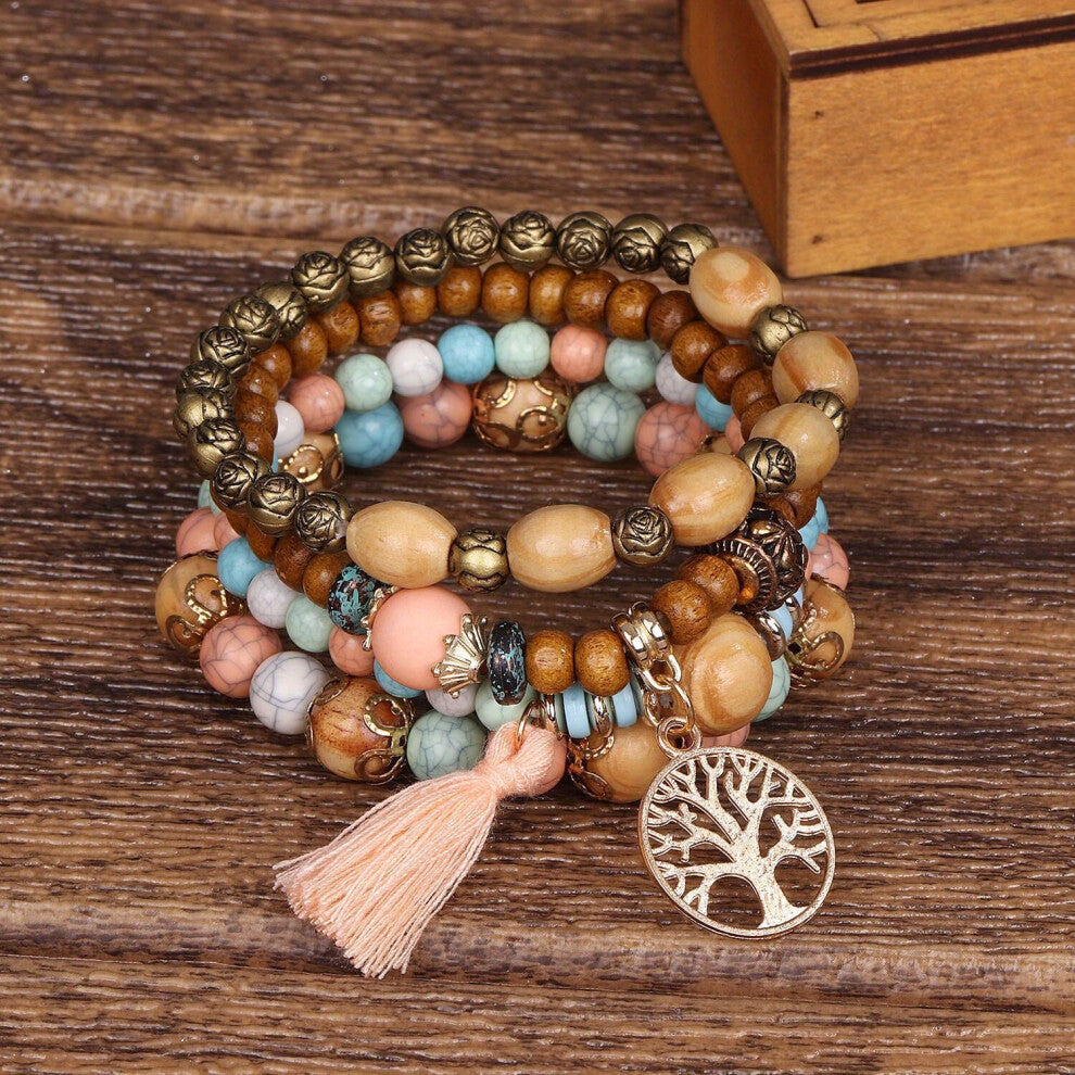 4pcs set Bohemian Style layer Wooden Bead Bracelet Life Tree Elastic Bracelet Jewelry Accessories
