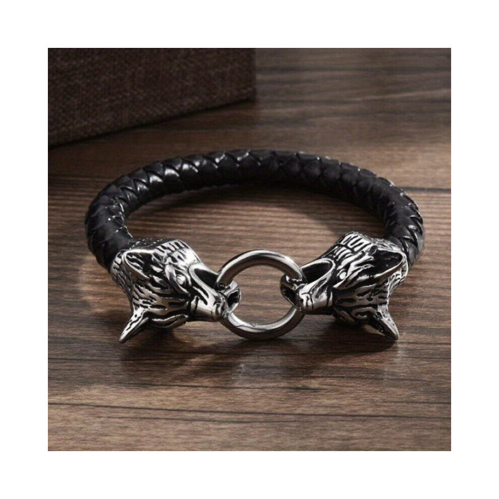 1pc Mens Retro Double Wolf Head PU Leather Bracelet For Riders Woven Leather Rope Bracelet Motorcycle Wrist Accessories