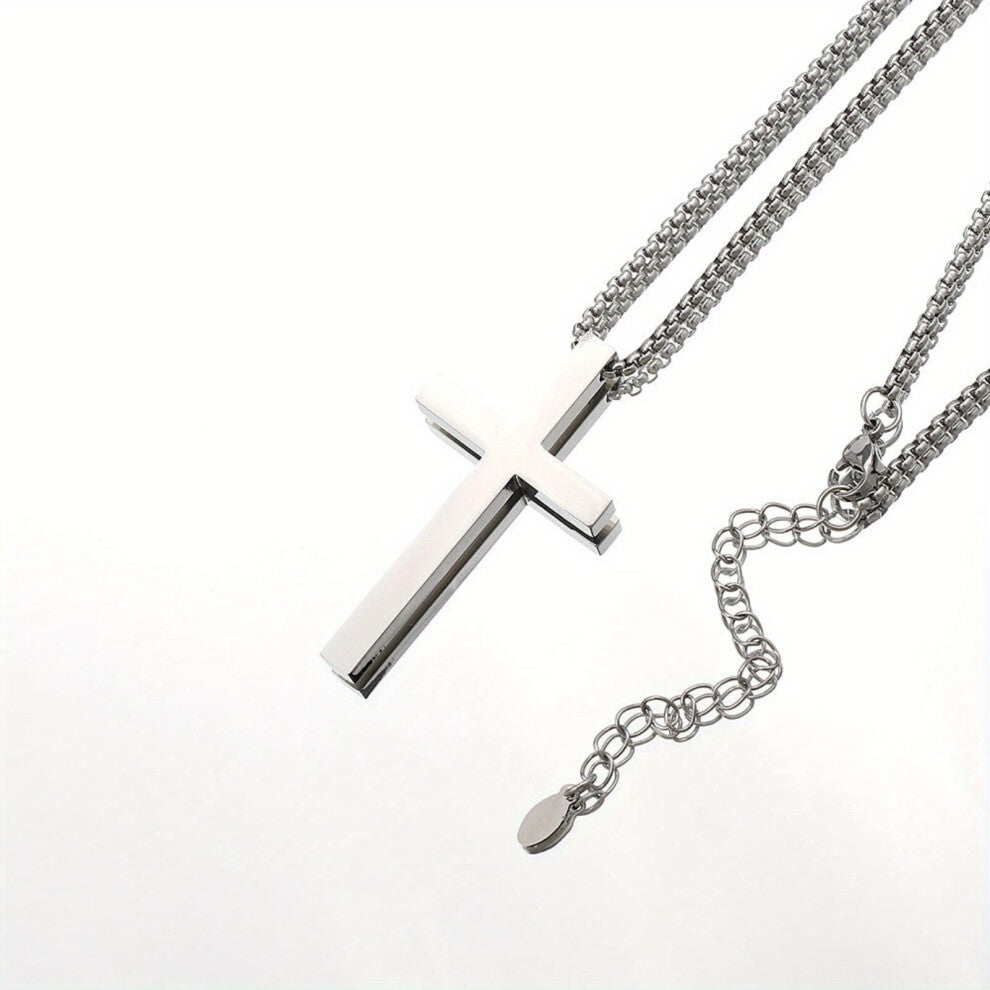 1pc Mens Cross Pendant Necklace Silver Stainless Steel Cross Necklace Long Charm Sweater Chain Accessories Thanksgiving Christmas Birthday For Men Wo