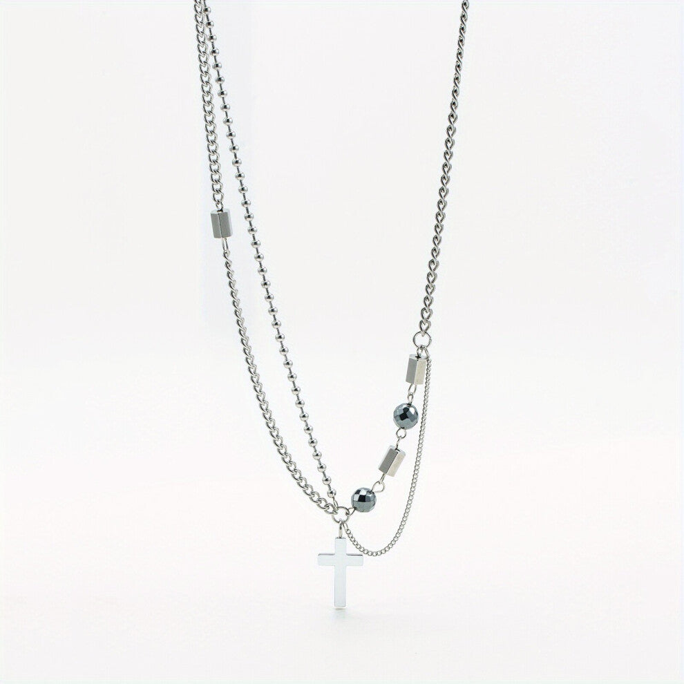 1pc Mens Cross Pendant Necklace Stainless Steel Silver Gray Stitching Beaded Cross Necklace Long Charm Sweater Chain Accessories Thanksgiving Christm