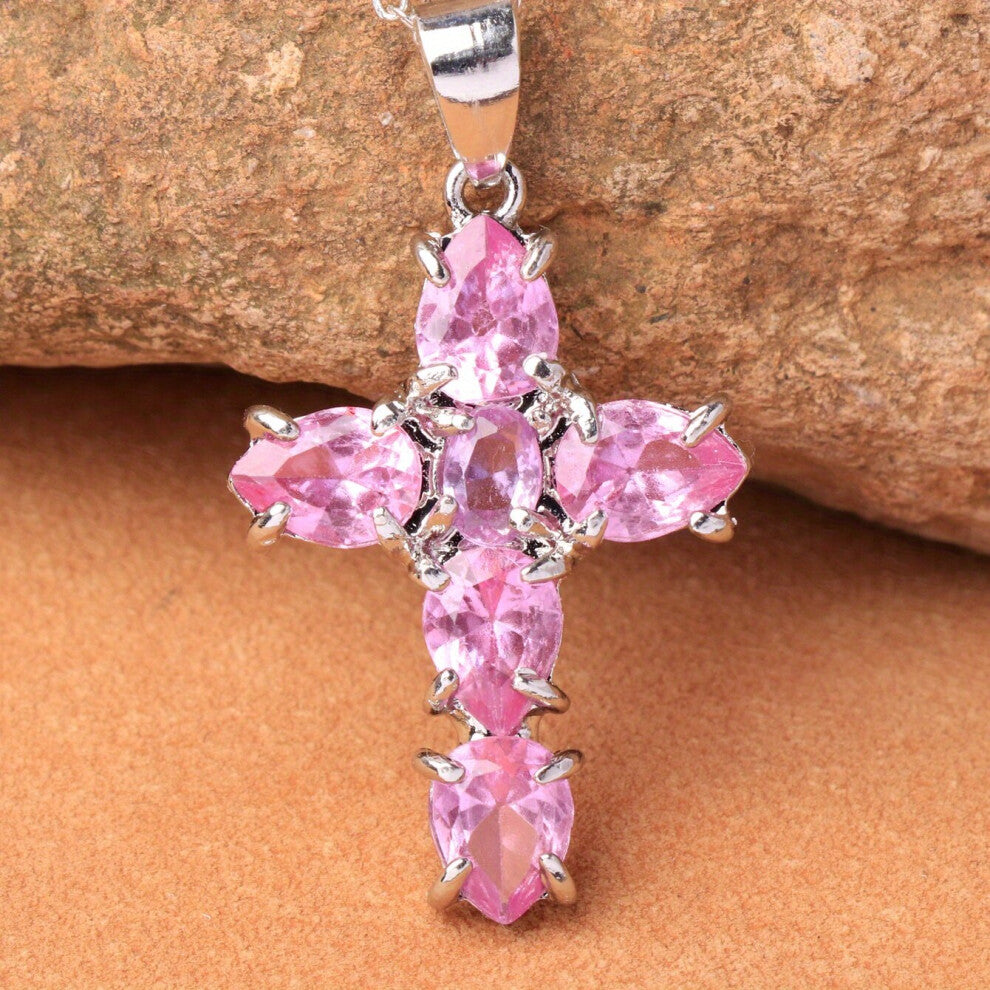 1pc Mens Cross Pendant Necklace Silver Gemstone Set Pendant Necklace Long Pendant Sweater Chain Accessories Thanksgiving Christmas Birthday For Men W