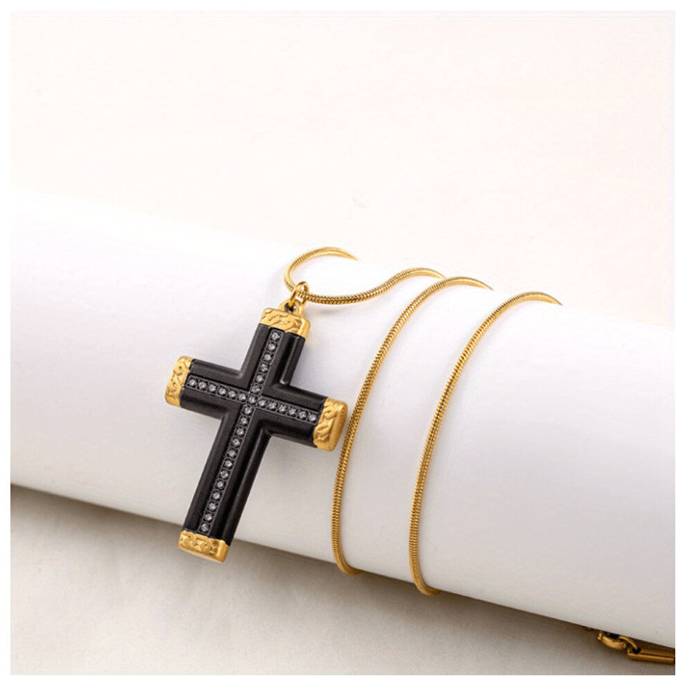1pc Mens Cross Pendant Necklace Titanium Steel Golden Plated Carved Cross Necklace With Rhinestones Long Pendant Sweater Chain Accessories Thanksgivi