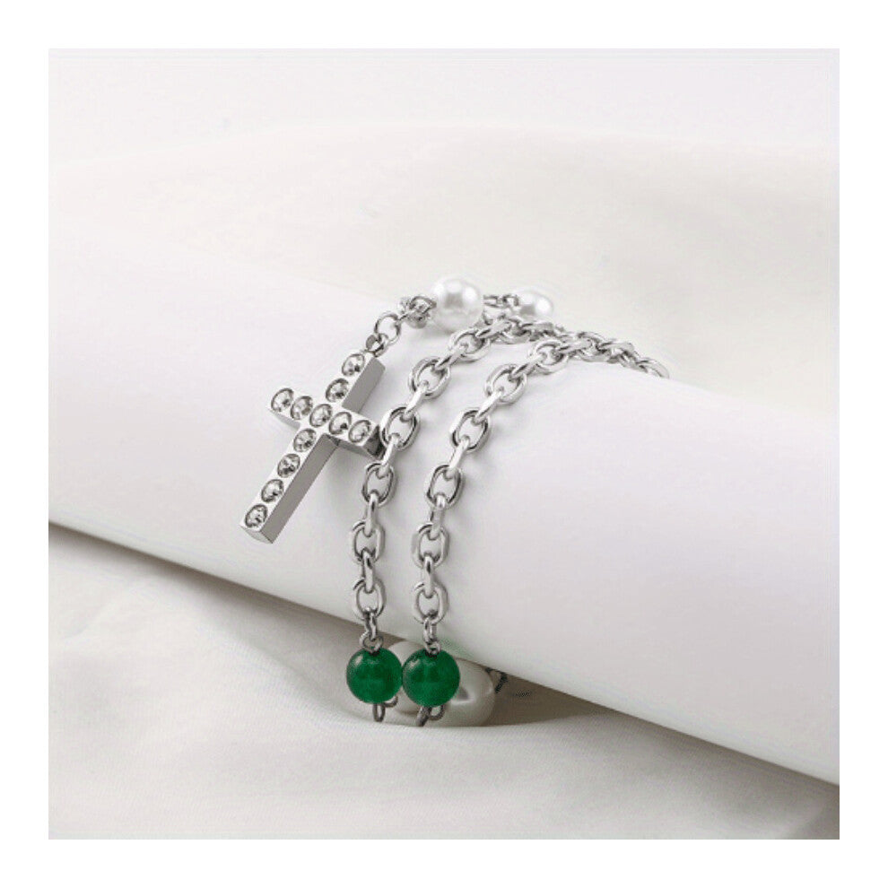 1pc Mens Cross Pendant Necklace Titanium Steel Stitching Pearl Green Agate Water Turned Cross Necklace Long Pendant Sweater Chain Accessories Thanksg