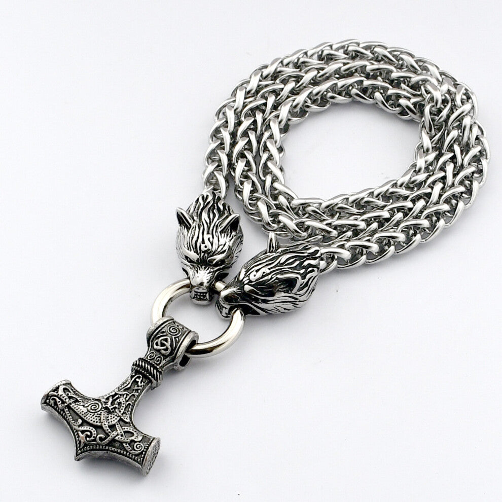 1pc Viking Stainless Steel Wolf Head Keel Chain Necklace Nordic Titanium Steel Thunderhammer Pendant Mens Amulet Necklace Accessories