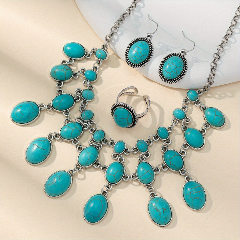 3pcs set Vintage Stone Turquoise Pendants Necklace Earrings Ring Stylish Jewelry Accessories For Men Women