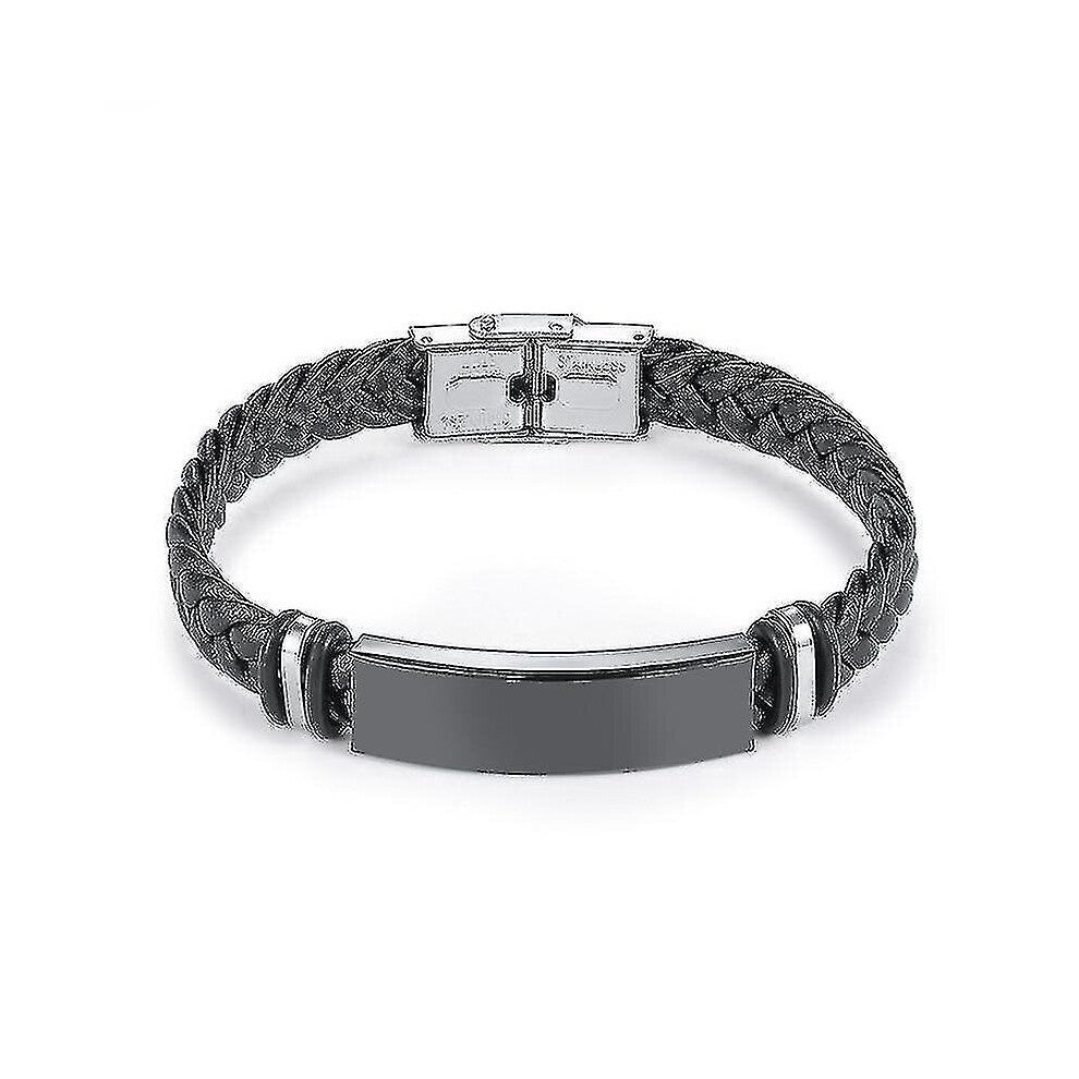 Stainless Steel- Black Braid, Woven Leather, Bracelet(Black)