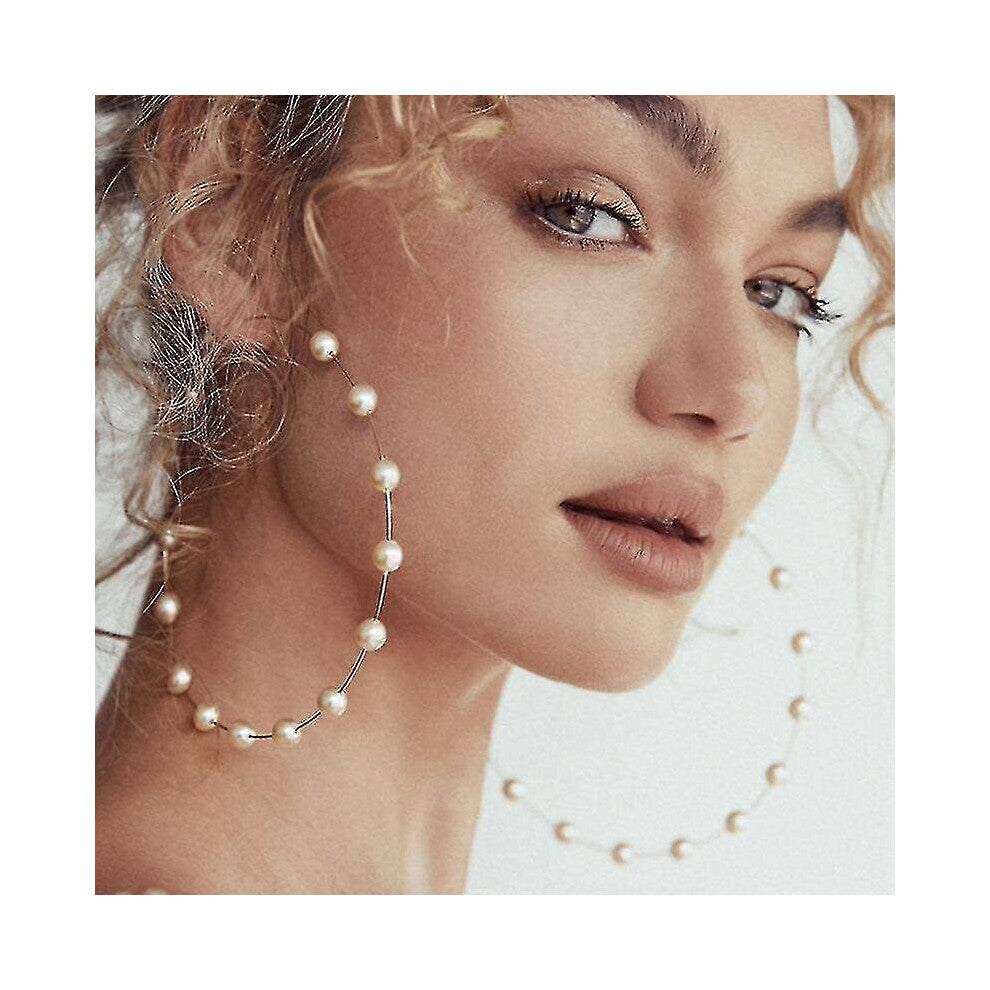 Large Hoop Oversized Round Pearl Earrings Thin Pendant Gold Elegant Wedding Women's Accessories Jewe