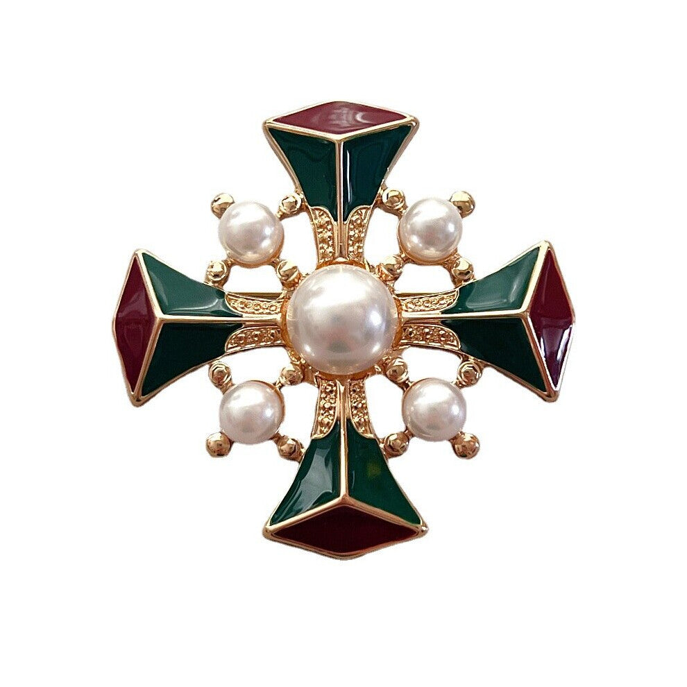 Vintage Baroque Enamel Pearl Brooches Retro Court Cross Brooch Pin For Men Jewelry Coat Accessories Mens Suit Lapel Pin Corsage