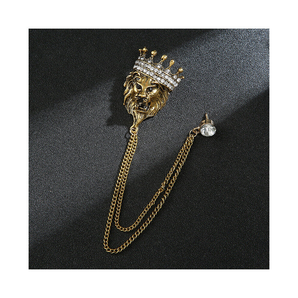 Vintage Crown Lion Head Brooch Shirt Collar Tassel Chain Lapel Pins Brooches Clothing Accessories