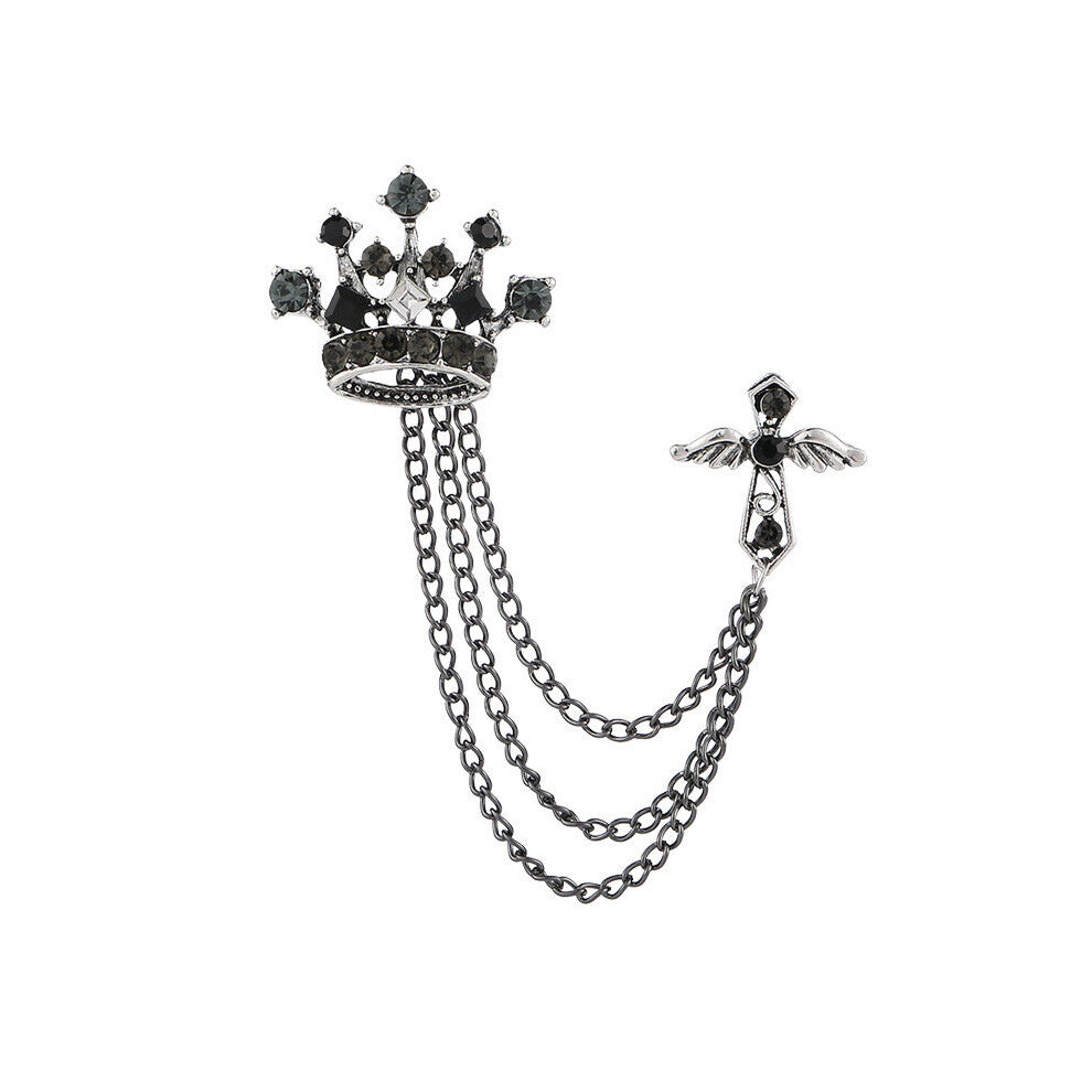 Mens Brooch Crystal Cross Crown Chain Brooch Minimalist Chain Tassel Brooch Pin Clothes Accessories Jewelry
