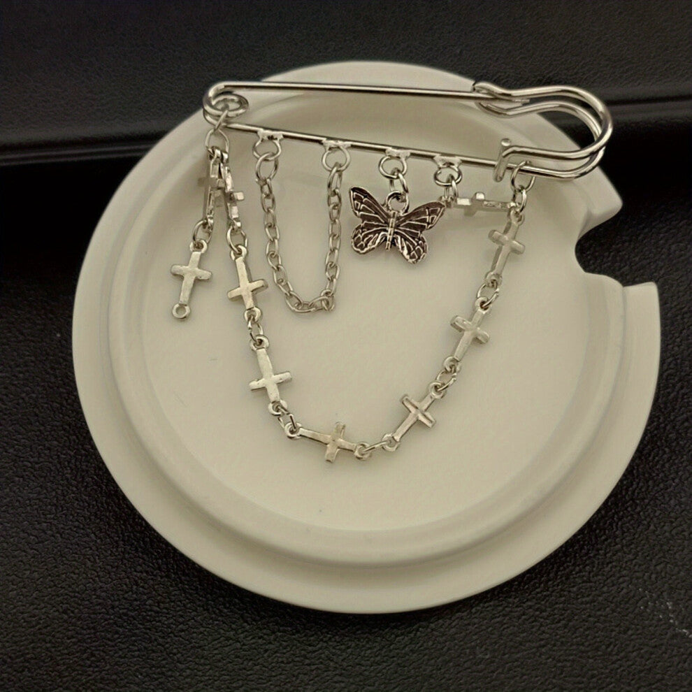 Butterfly Cross Chain Brooch Minimalist Chain Tassel Brooch Pin Clothes Accessories Jewelry