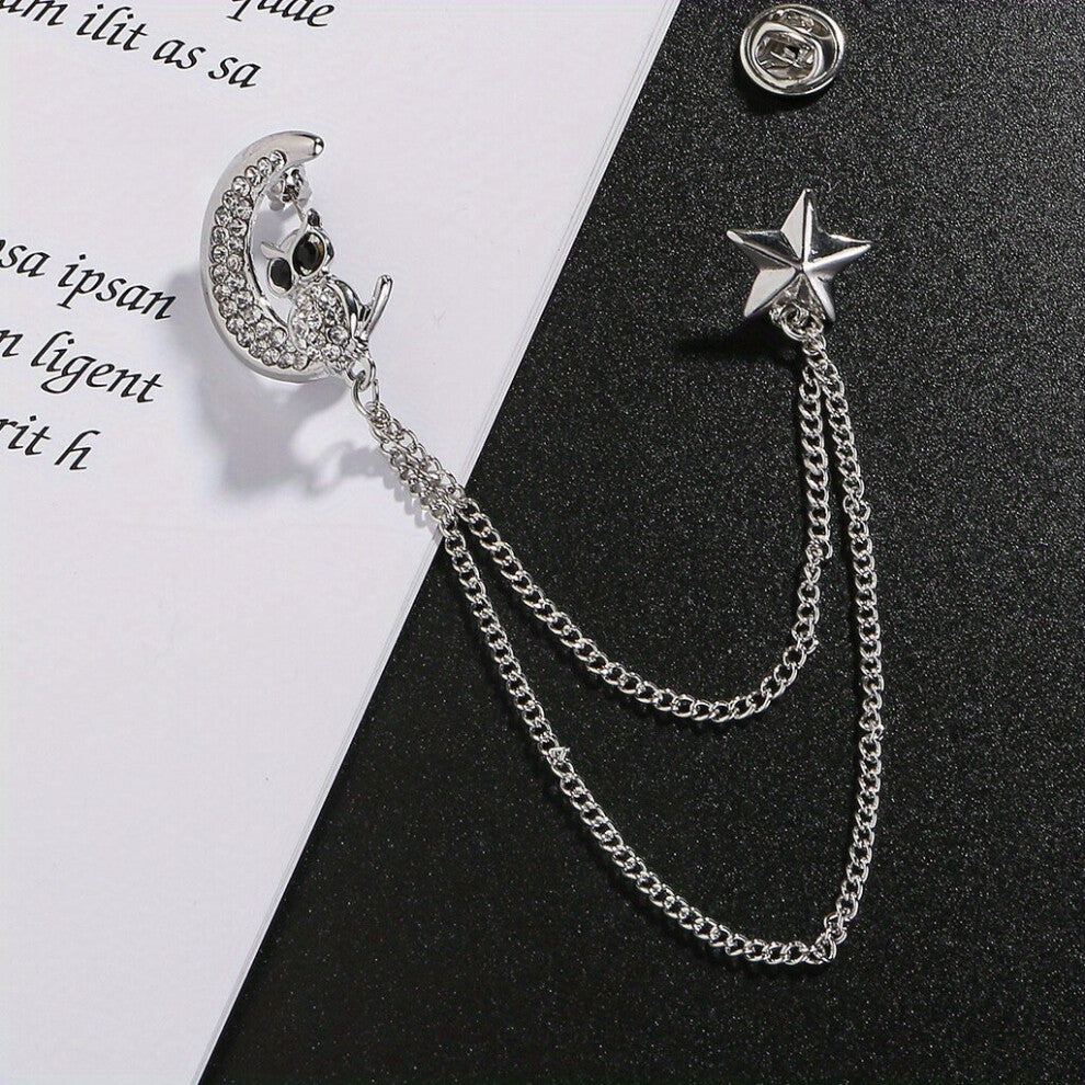 1pc Chain Moon Owl Brooch Alloy Inlaid Artificial Diamond Brooch Clothing Accessories Corsage