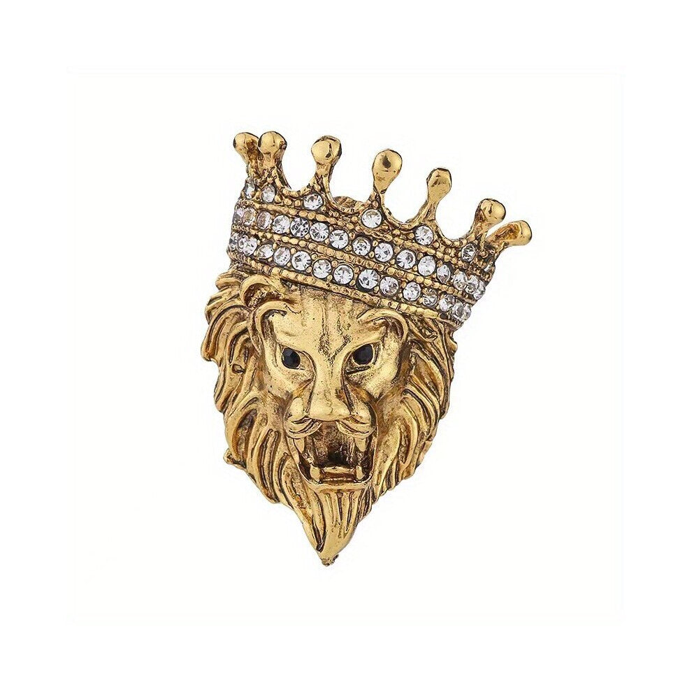 1pc Vintage Animal Lion Head Brooch Crystal Crown Lapel Pin For Men And Women Set Shirt Collar Pin Brooch Jewelry Accessories