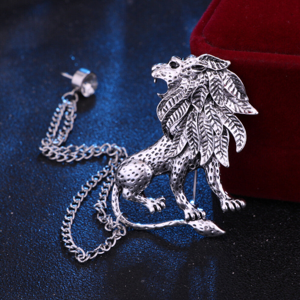 Mens Brooch Vintage Animal Lion Brooch Chain Tassel Personality Business Brooch Pin Suit Clothing Accessories
