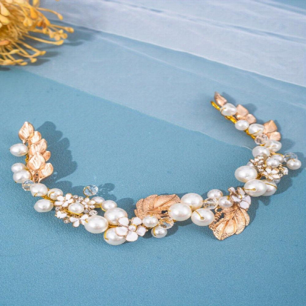 Golden Hairband For Women Faux Pearl Tiara Wedding Dress Accessories Bridal Head Jewelry Hair Accessories