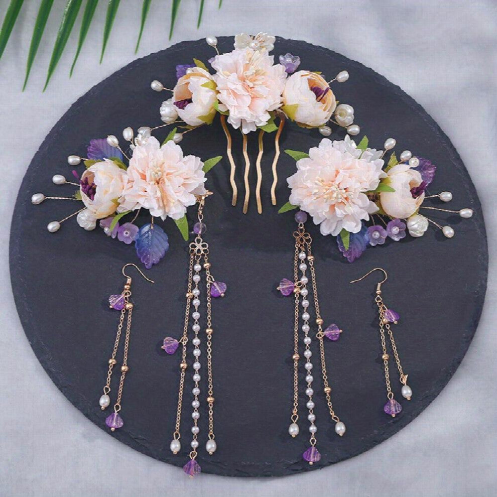 Flower Hair Accessories Set Floral Hair Clip Earrings Set Faux Pearl Pendant Hair Accessories Jewelry