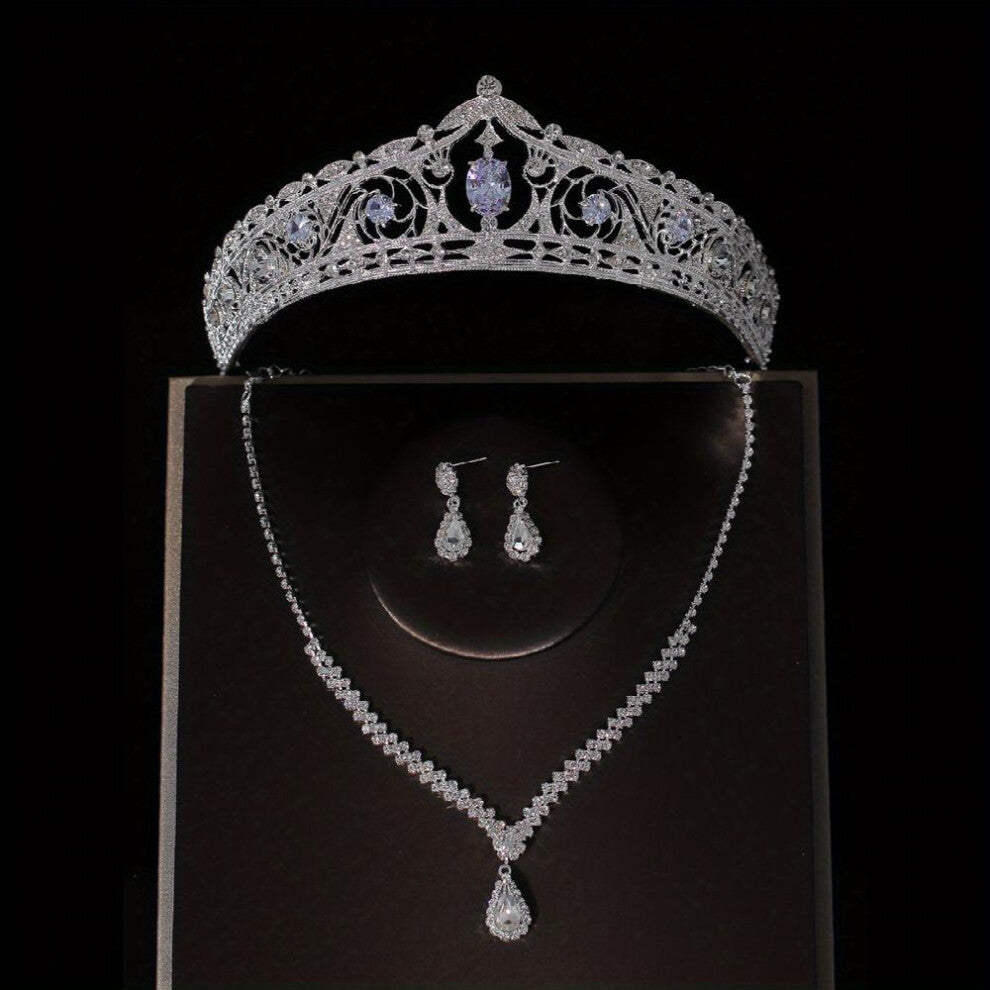 3pcs Wedding Accessories Crystal Bridal Crown Necklace Earrings Set Crown