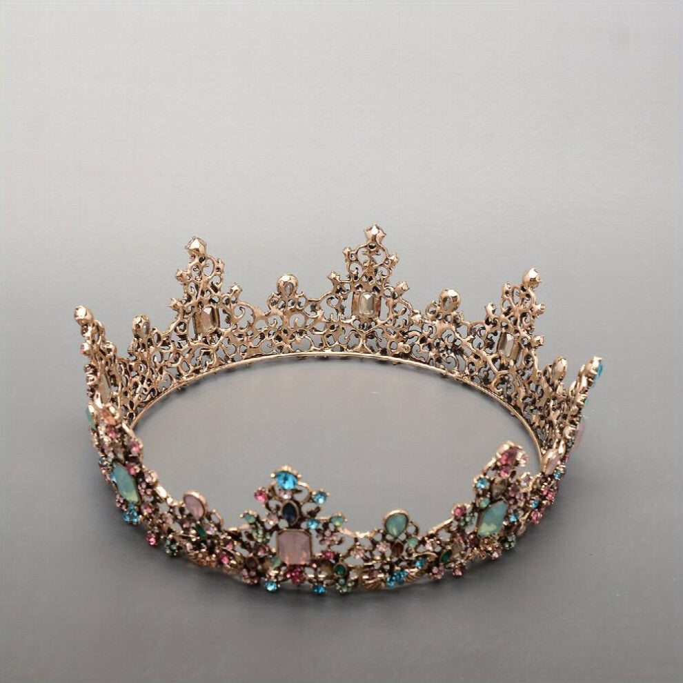 Vintage Tiara Colorful Rhinestone Decor Crown Alloy Headdress For Wedding Bridal Hair Accessories For Party Prom Birthday Women